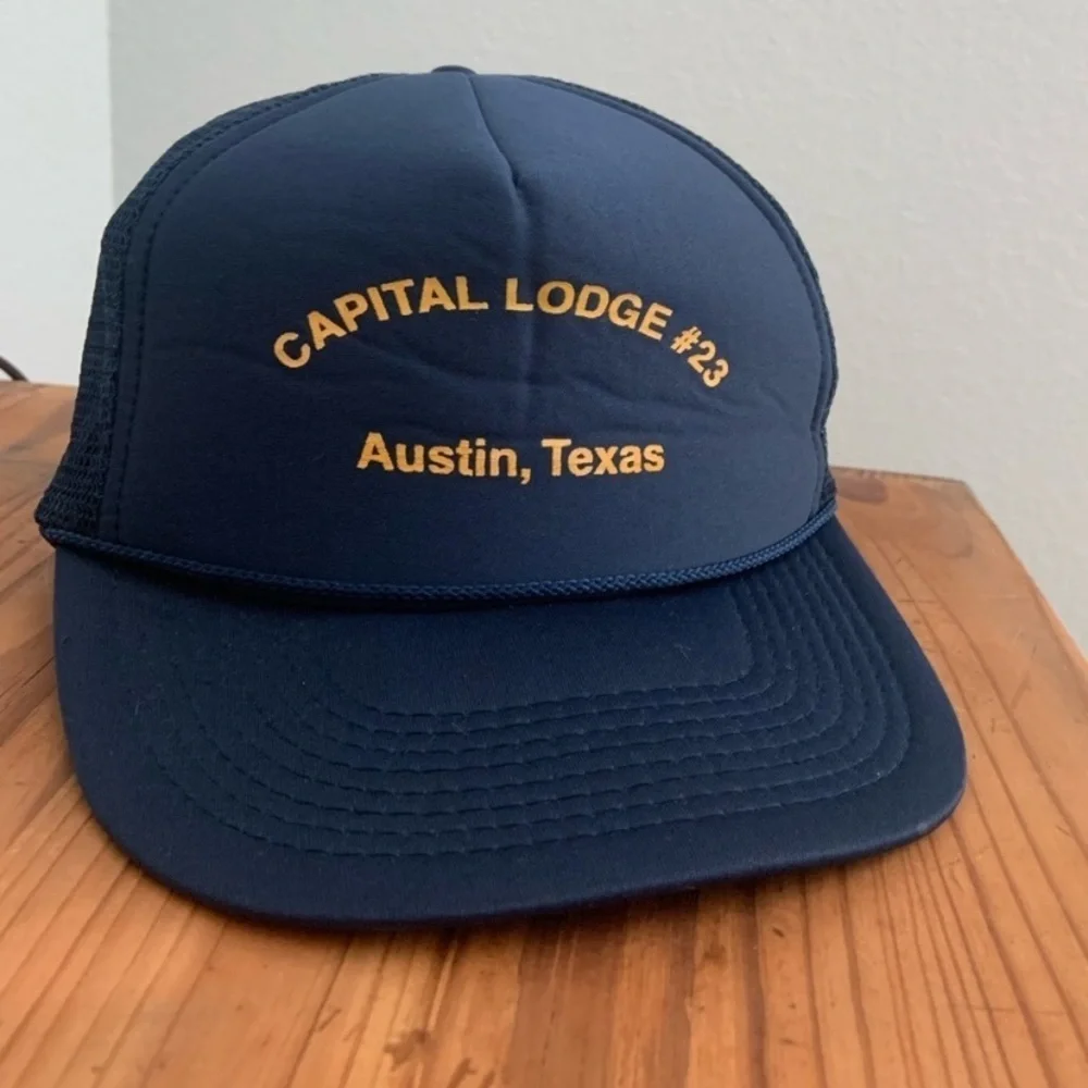 Vintage Capital Lodge 23 Austin TX Trucker Hat Navy Gold ATX